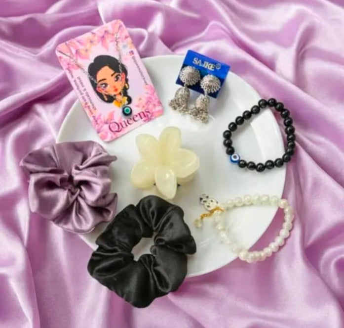 1 necklace 1 flower shape clutcher 2 scrunchies 2 bracelets