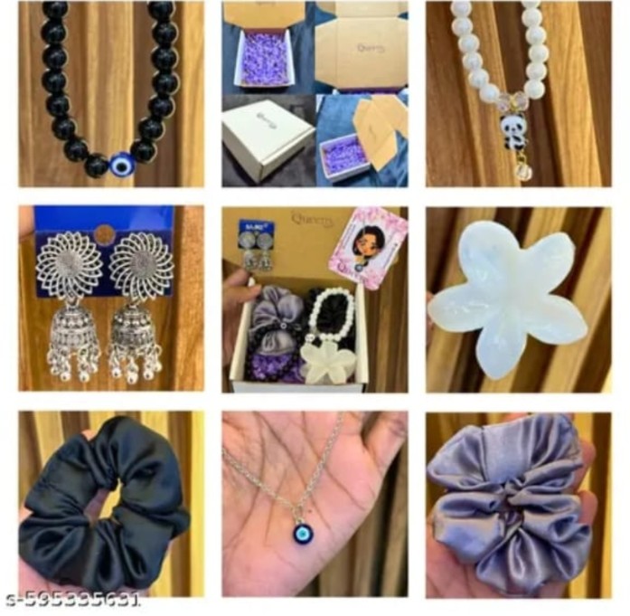 1 necklace 1 flower shape clutcher 2 scrunchies 2 bracelets