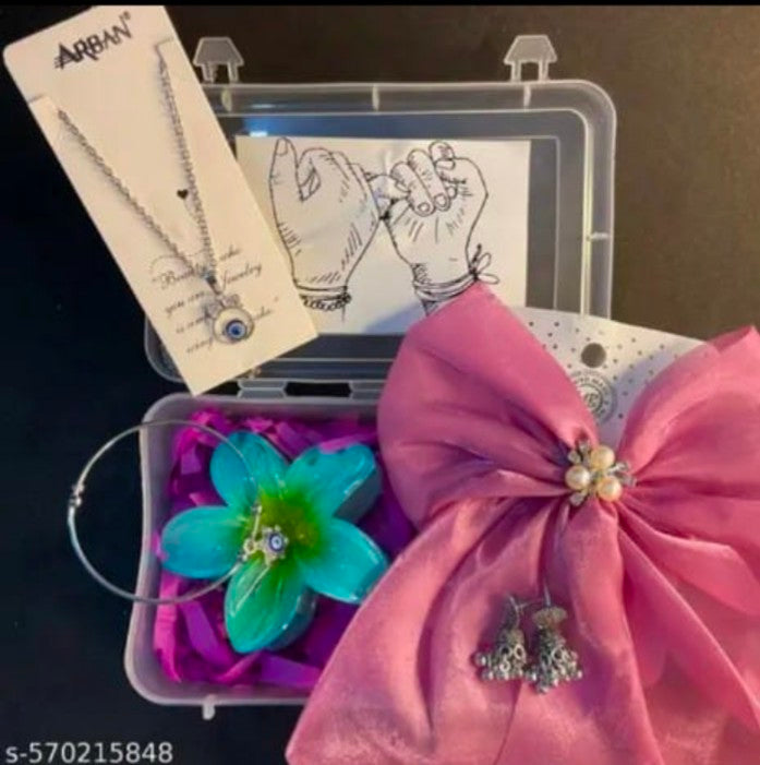 Gift hamper (jewellery set) 1 necklace, 1 flower shape clutcher, bracelet, 1 hair bow