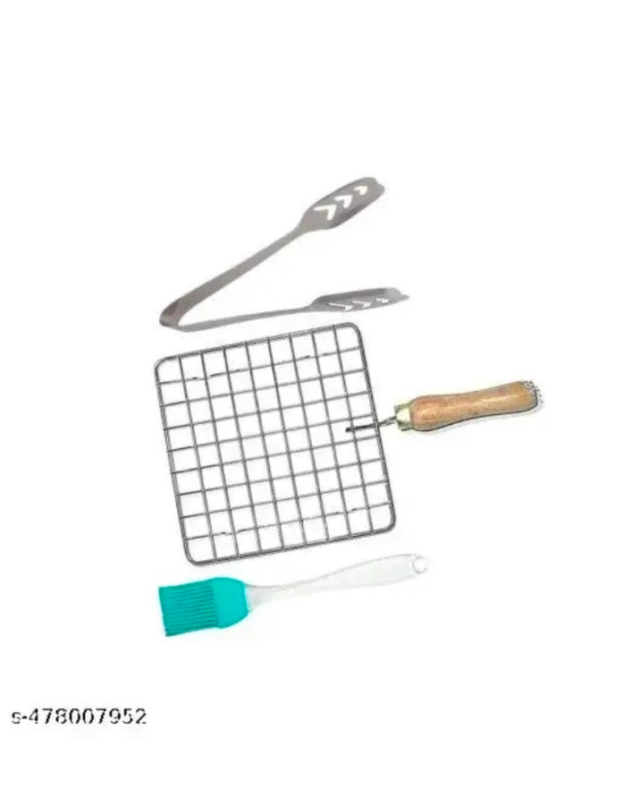Stainless steel square roasted jali combo with chimta and oil silicon brush