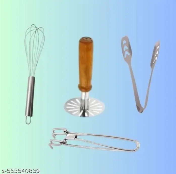 Combo of stainless steel vegetable masher , Whisker , chimta and and pakad